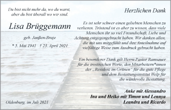Traueranzeige von Lisa Brüggemann von Nordwest-Zeitung