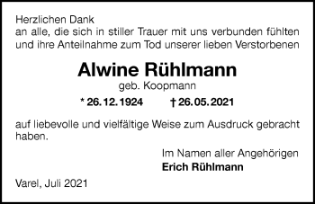 Traueranzeige von Alwine Rühlmann von Nordwest-Zeitung