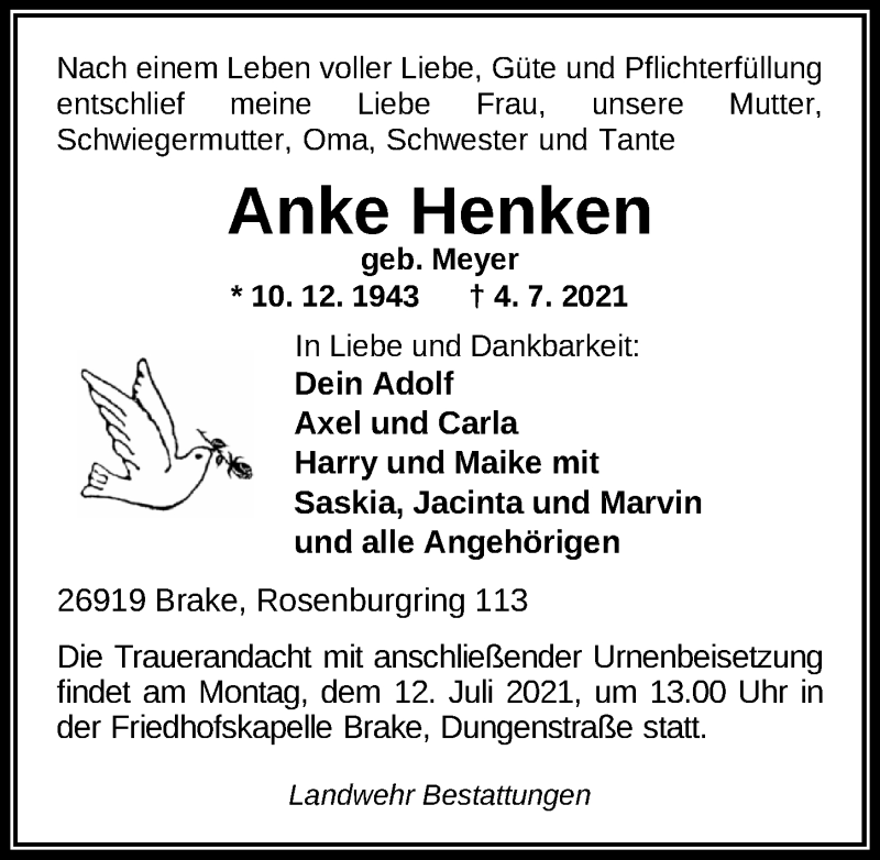  Traueranzeige für Anke Henken vom 08.07.2021 aus Nordwest-Zeitung