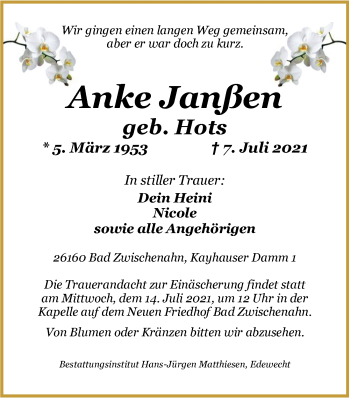 Traueranzeige von Anke Janßen von Nordwest-Zeitung