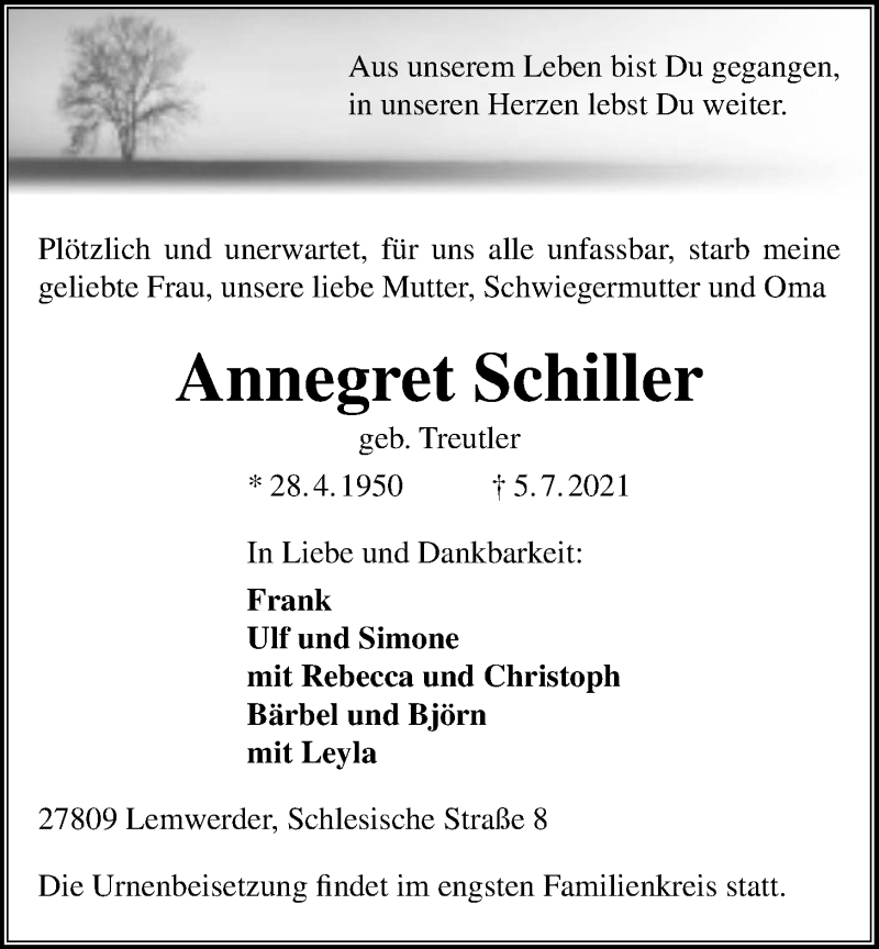  Traueranzeige für Annegret Schiller vom 08.07.2021 aus Nordwest-Zeitung