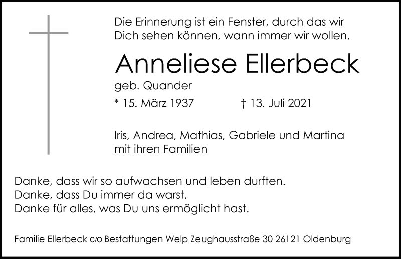  Traueranzeige für Anneliese Ellerbeck vom 20.07.2021 aus Nordwest-Zeitung