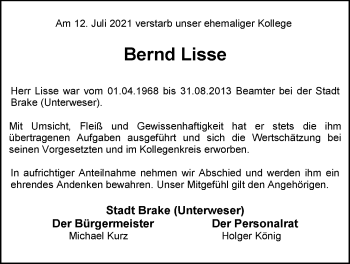 Traueranzeige von Bernd Lisse von Nordwest-Zeitung