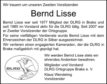 Traueranzeige von Bernd Lisse von Nordwest-Zeitung