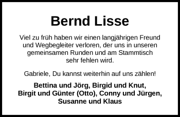 Traueranzeige von Bernd Lisse von Nordwest-Zeitung