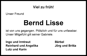 Traueranzeige von Bernd Lisse von Nordwest-Zeitung