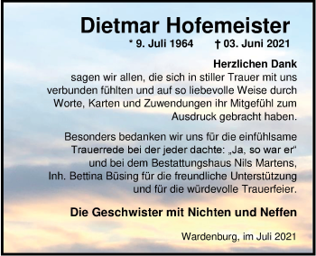 Traueranzeige von Dietmar Hofemeister von Nordwest-Zeitung
