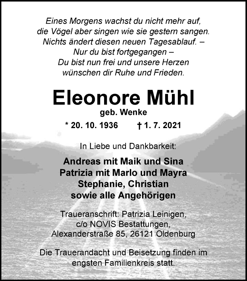  Traueranzeige für Eleonore Mühl vom 10.07.2021 aus Nordwest-Zeitung