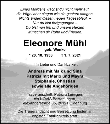 Traueranzeige von Eleonore Mühl von Nordwest-Zeitung