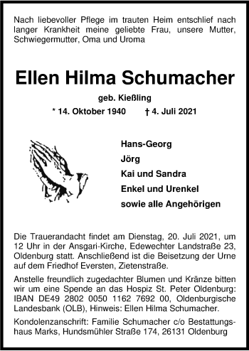Traueranzeige von Ellen Hilma Schumacher von Nordwest-Zeitung