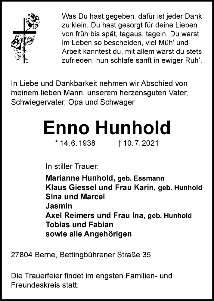  Traueranzeige für Enno Hunhold vom 14.07.2021 aus Nordwest-Zeitung
