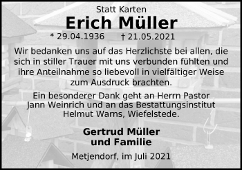 Traueranzeige von Erich Müller von Nordwest-Zeitung