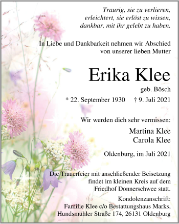 Traueranzeige von Erika Klee von Nordwest-Zeitung