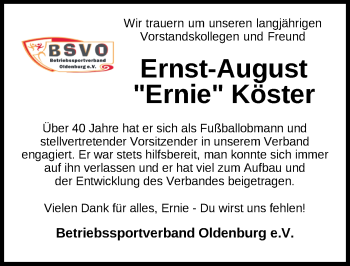 Traueranzeige von Ernst-August Köster von Nordwest-Zeitung