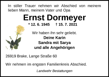Traueranzeige von Ernst Dormeyer von Nordwest-Zeitung