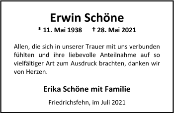 Traueranzeige von Erwin Schöne von Nordwest-Zeitung