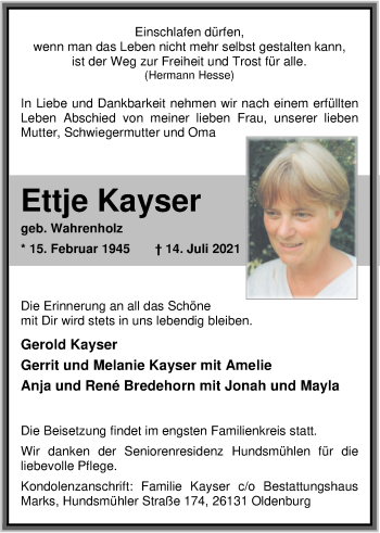 Traueranzeige von Ettje Kayser von Nordwest-Zeitung