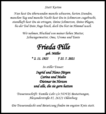 Traueranzeige von Frieda Pille von Nordwest-Zeitung