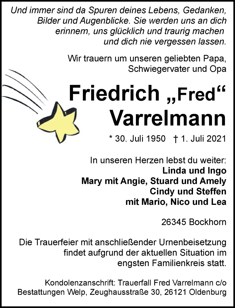  Traueranzeige für Friedrich Varrelmann vom 10.07.2021 aus Nordwest-Zeitung