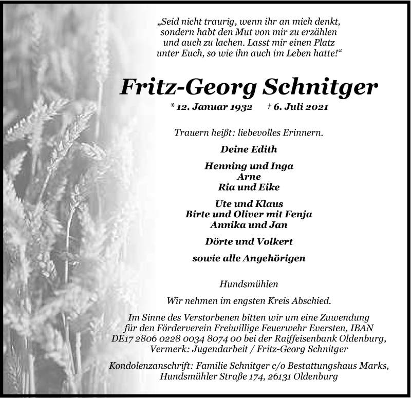  Traueranzeige für Fritz-Georg Schnitger vom 09.07.2021 aus Nordwest-Zeitung