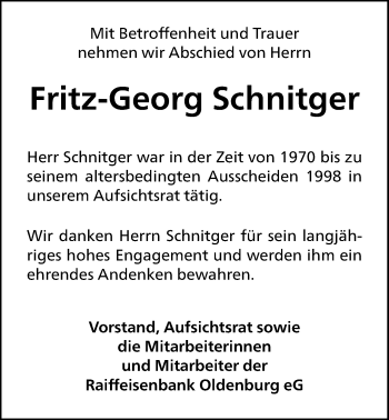 Traueranzeige von Fritz-Georg Schnitger von Nordwest-Zeitung