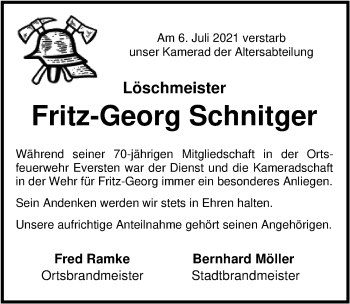 Traueranzeige von Fritz-Georg Schnitger von Nordwest-Zeitung