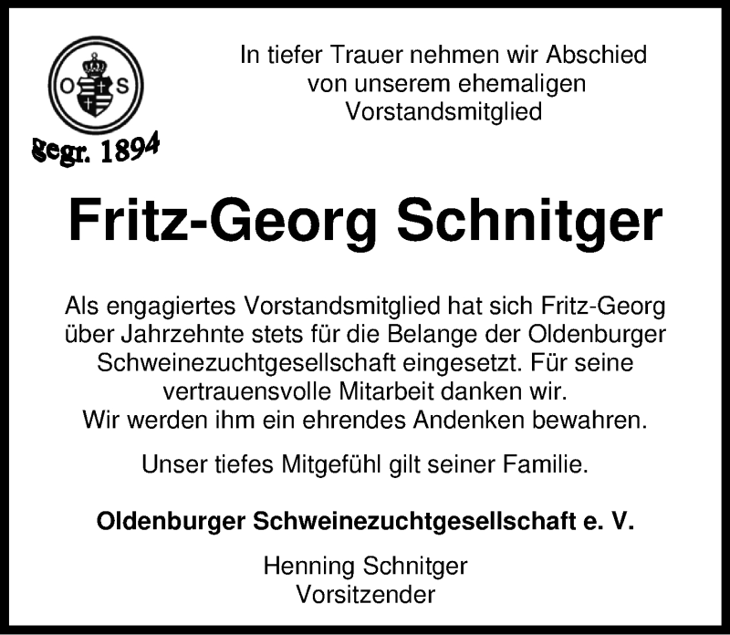  Traueranzeige für Fritz-Georg Schnitger vom 09.07.2021 aus Nordwest-Zeitung