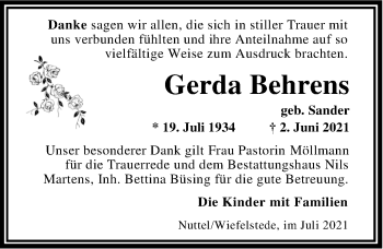 Traueranzeige von Gerda Behrens von Nordwest-Zeitung