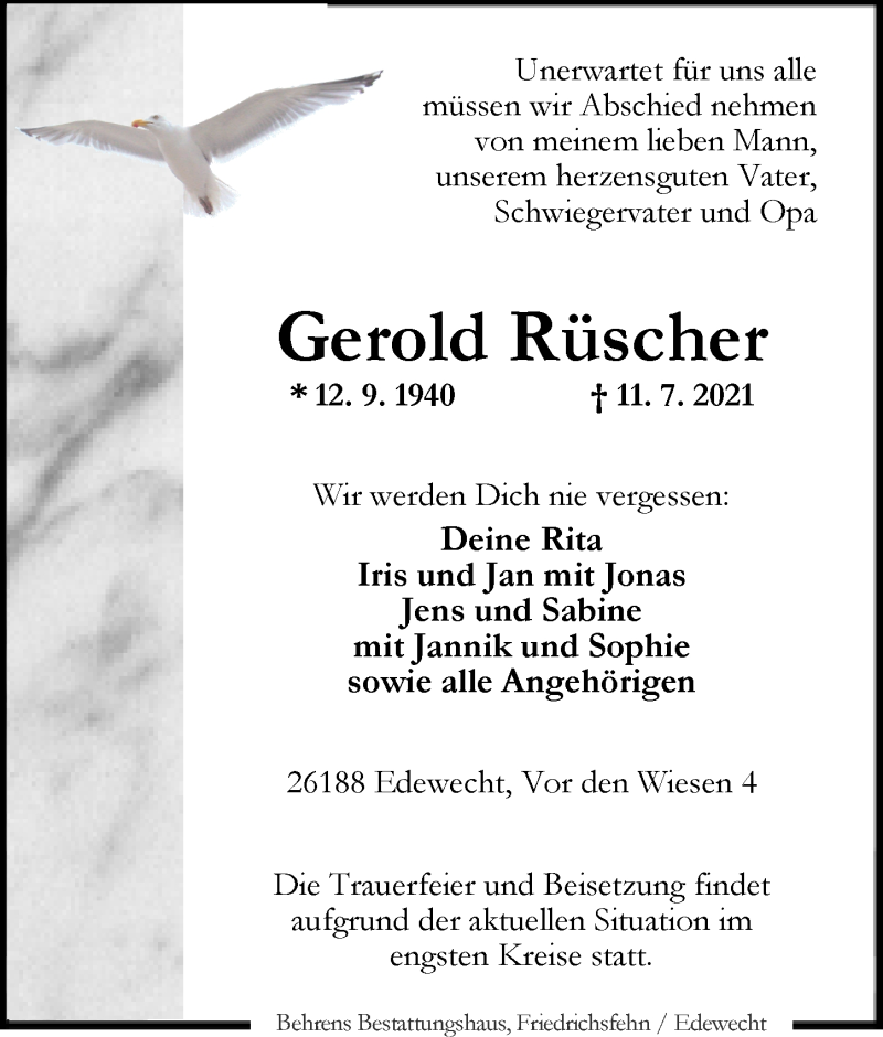  Traueranzeige für Gerold Rüscher vom 15.07.2021 aus Nordwest-Zeitung
