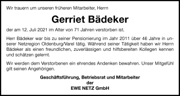Traueranzeige von Gerriet Bädeker von Nordwest-Zeitung