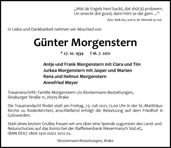 Traueranzeige von Günter Morgenstern von Nordwest-Zeitung