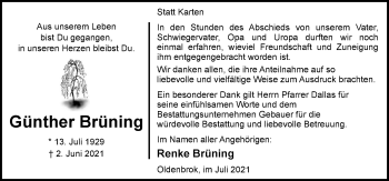 Traueranzeige von Günther Brüning von Nordwest-Zeitung