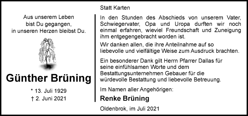  Traueranzeige für Günther Brüning vom 10.07.2021 aus Nordwest-Zeitung