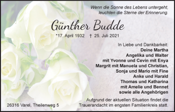 Traueranzeige von Günther Budde von Nordwest-Zeitung