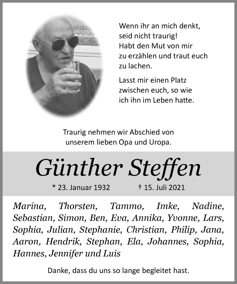  Traueranzeige für Günther Steffen vom 17.07.2021 aus Nordwest-Zeitung