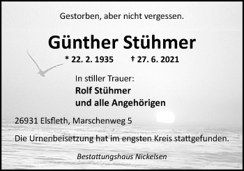 Traueranzeige von Günther Stühmer von Nordwest-Zeitung