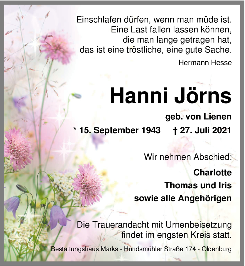  Traueranzeige für Hanni Jörns vom 31.07.2021 aus Nordwest-Zeitung