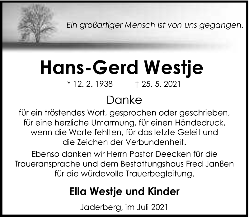  Traueranzeige für Hans-Gerd Westje vom 10.07.2021 aus Nordwest-Zeitung