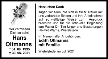 Traueranzeige von Hans Oltmanns von Nordwest-Zeitung
