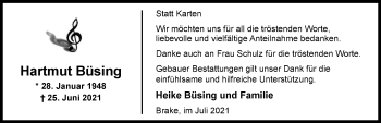Traueranzeige von Hartmut Büsing von Nordwest-Zeitung