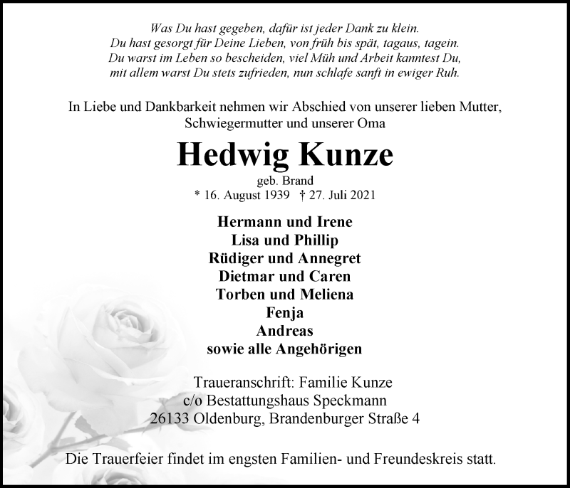  Traueranzeige für Hedwig Kunze vom 31.07.2021 aus Nordwest-Zeitung