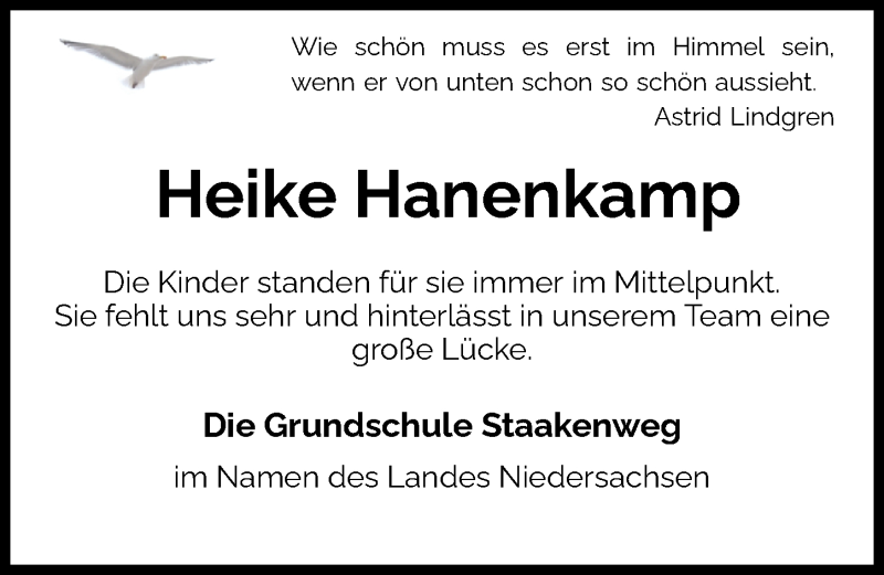  Traueranzeige für Heike Hanenkamp vom 17.07.2021 aus Nordwest-Zeitung