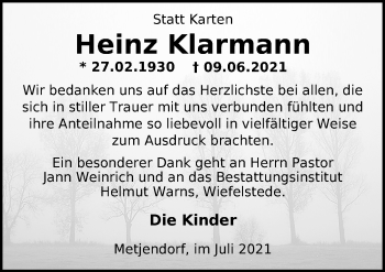 Traueranzeige von Heinz Klarmann von Nordwest-Zeitung