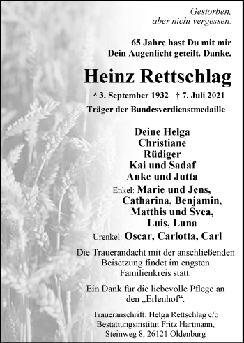 Traueranzeige von Heinz Rettschlag von Nordwest-Zeitung