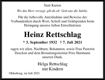 Traueranzeige von Heinz Rettschlag von Nordwest-Zeitung