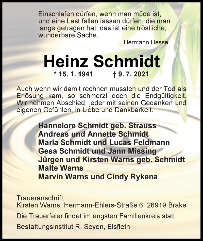  Traueranzeige für Heinz Schmidt vom 13.07.2021 aus Nordwest-Zeitung