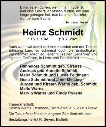 Traueranzeige von Heinz Schmidt von Nordwest-Zeitung