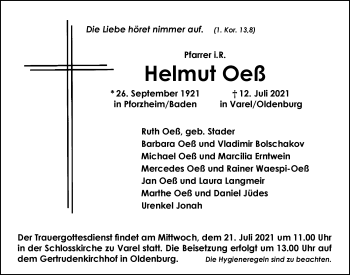 Traueranzeige von Helmut Oeß von Nordwest-Zeitung