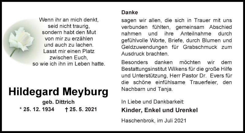  Traueranzeige für Hildegard Meyburg vom 21.07.2021 aus Nordwest-Zeitung