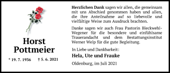 Traueranzeige von Horst Pottmeier von Nordwest-Zeitung